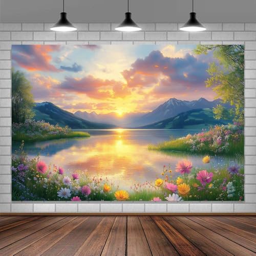 5X3ft Lake Natural Scenery Backdrop Spring Natural Scenery Landscape Mountain Forest Trees Flower Blue Sky Photography Background Picnic Camping Hiking Spring Travel Vacation Backdrop - color: Orange, size: 5x3FT