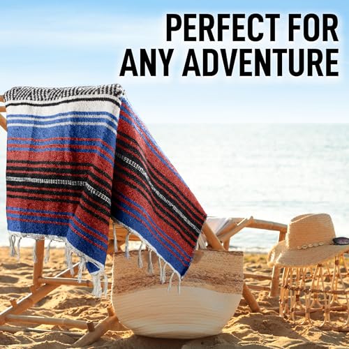 Hydration Nation Authentic Large Handwoven Mexican Striped Throw Blanket - Soft, Durable, Eco-Friendly - 70"x50" - Mariner - color: Mariner