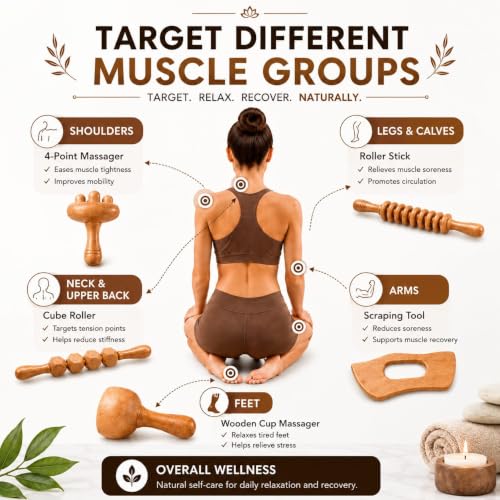 7-in-1ct, Wood Therapy Kit for Lymphatic Drainage, Maderoterapia Wooden Massager, Anti Cellulite Body Sculpting Roller, Body Contouring Tool for Waist, Legs & Back