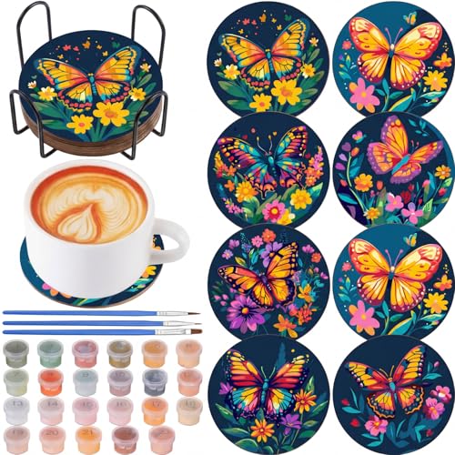 Reallnaive 8 Pcs Butterfly Flower Paint by Numbers Kit Coaster for Adults | Mini Paint by Numbers, Tiny Floral Round Oil Painting Drink Coaster with Holder, for Small DIY Craft Birthday Gift - style: Butterfly Flowers