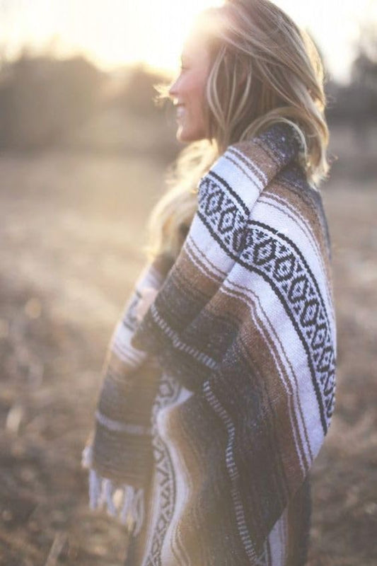 Del Mex Classic Mexican Blanket, Large Authentic Woven Falsa Throw (70"x50"), Artisan Southwest Décor for Beach, Yoga, Outdoors (Tan) - color: Tan