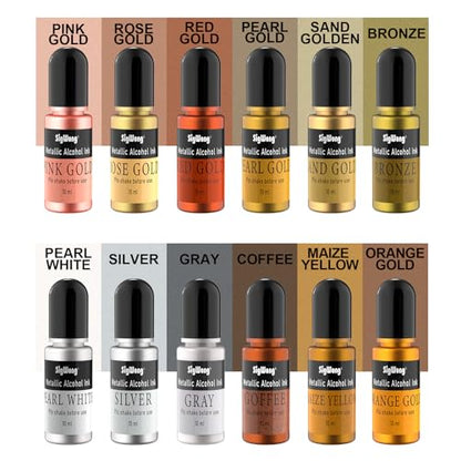Metallic Alcohol Ink Set - 24 Colors, 10ml Each, Shimmer Mixatives for Resin, Yupo, Coaster, Painting, Tumbler Cup Making