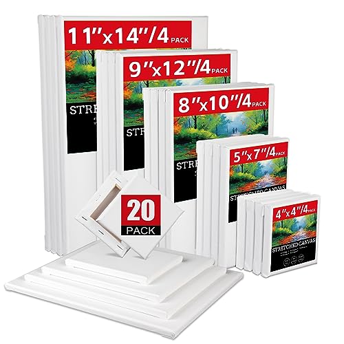 20 Pack Stretched Canvases-4Packs of 4x4,5x7,8x10,9x12,11x14 | 100% Cotton Blank Painting Canvas for Oil, Acrylic Paint & Other Painting Media - size: Mix 20Pack