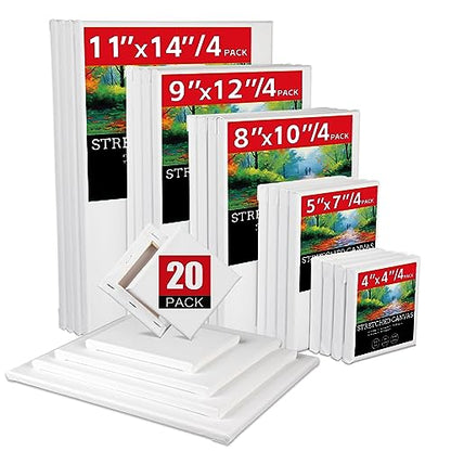 20 Pack Stretched Canvases-4Packs of 4x4,5x7,8x10,9x12,11x14 | 100% Cotton Blank Painting Canvas for Oil, Acrylic Paint & Other Painting Media - size: Mix 20Pack