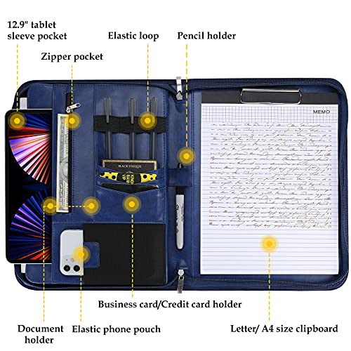 ProCase Portfolio Business Padfolio Folder with Zipper -Navy | Conference Meeting Executive File Legal Document Organizer with Pockets Letter Size A8 Writing Pad Notepad Padfolio - color: Navy