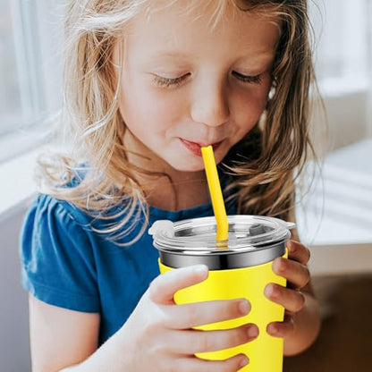 Kids Drinking Cups, Stainless Steel Tumbler Cups with Lids and Straws | Set of 2 Spill Proof Cups for Kids, Durable Water Tumbler with Colorful Easy-Grip Silicone Sleeves (Green & Yellow) - color: Green/Yellow