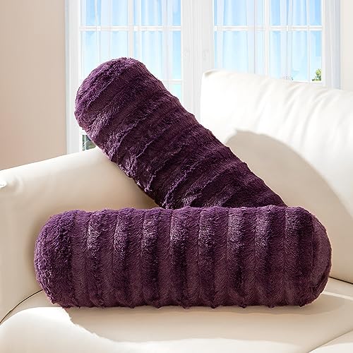 Cheer Collection Faux Fur Bolster Pillows – Soft Decorative Cylinder Pillows for Bed or Couch, Machine Washable – 8” x 24”, Set of 2, Purple - color: Purple
