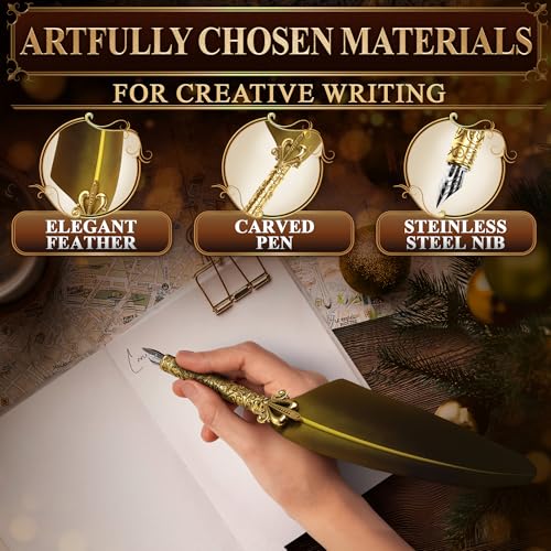 Quill Pen and Ink Set with 5 Nibs, Stainless Steel Dip Pen, Stand | Golden Writing Quill and Ink Set with Gift Box; Anti-Slip Patterned Grip for Signing & Writing | Calligraphy Gift - color: Gold