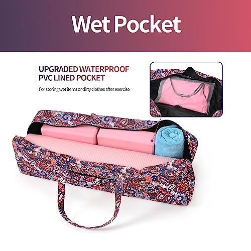 Boulder Bee | Yoga Mat Bag | Large Yoga Mat Carrier with Wet Pocket | Yoga Gifts | Gym Tote Bag for Women - color: Navy cashew flower