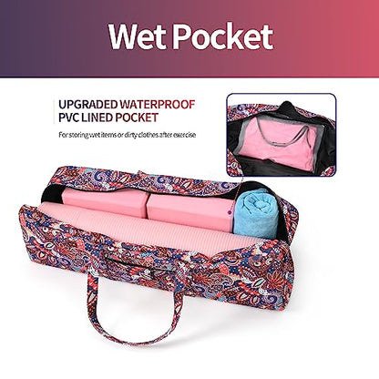 Boulder Bee | Yoga Mat Bag | Large Yoga Mat Carrier with Wet Pocket | Yoga Gifts | Gym Tote Bag for Women - color: Navy cashew flower