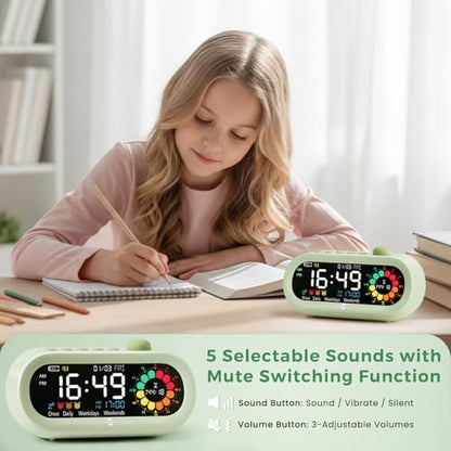Mooking 3 in 1 Digital Alarm Clock for Bedroom with Visual Timer for Kids - color: Green