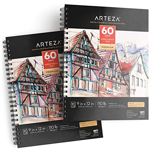 ARTEZA Mixed Media Sketchbook, 9x12 Inches – 2-Pack, 60 Spiral-Bound Sheets, 110 lb Acid-Free Paper for Wet & Dry Media: Acrylic, Ink, Pencil & More - size: 9"x12" (Pack of 2)