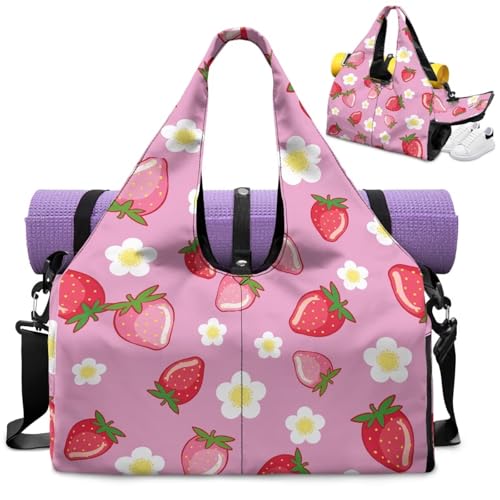 Strawberry Gym Bags for Women Waterproof Yoga Mat Bag with Double Zipper Sports Bag with Adjustable Strap, Pink Sports Bags for Cheer Team Ballet Class School - color: Pink Strawberry