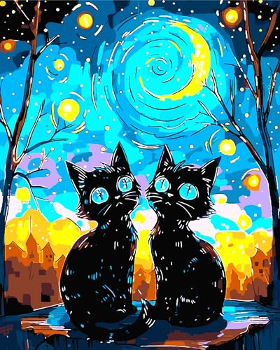 Yunnuo Paint by Numbers Kit for Adults Two Black Cat, Adult Paint by Number Kits Animals and Starry Night,DIY Paintwork with 3 Paintbrushes and Acrylic Paints,Perfect for Home Wall Decor 16x20 Inch - color: A-002-Two Cats