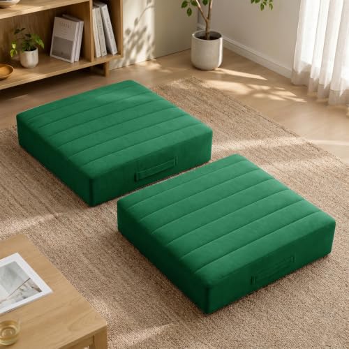 JKMAX 2 Pcs High Density Foam Floor Pillow - Upgraded Large Pillows Seating for Adults - Outdoor Floor Cushion with Soft Tufted Cover - Yoga Pillows for Sitting On Floor - 22 Inch Green - color: Green, size: 2 Counts
