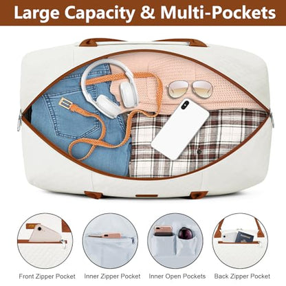 ITIEZY Weekender Bag for Women 21.5" Travel Duffel Large Carry On Bag 3PCS | Nylon Duffel Bag with Waterproof Shoe Compartment, Crossbody Bag and Toiletry Bag, Travel Weekend Hospital Overnight Gym Bag - color: 9a-Beige