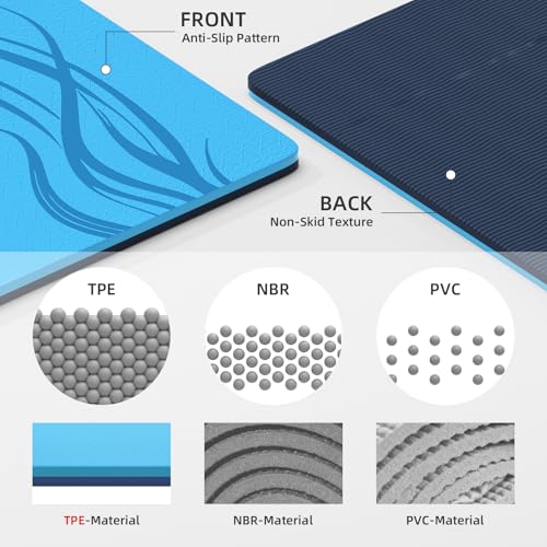 Extra Wide Yoga Mat 76"x40"x10mm TPE Non-Slip Fitness Exercise Mat - color: Medium blue + Dark blue