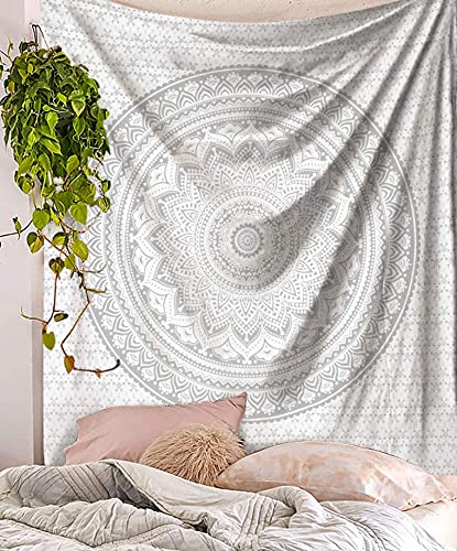 raajsee Metallic Silver Tapestry Grey Mandala Wall Hangings, Indian Cotton Beach Throw Blanket, Hippie Tapestries Boho Decor,Twin Bedspread Yoga Meditation Mat Rugs 52 x 60 inches - color: White Silver Ombre, size: 60"L x 52"W
