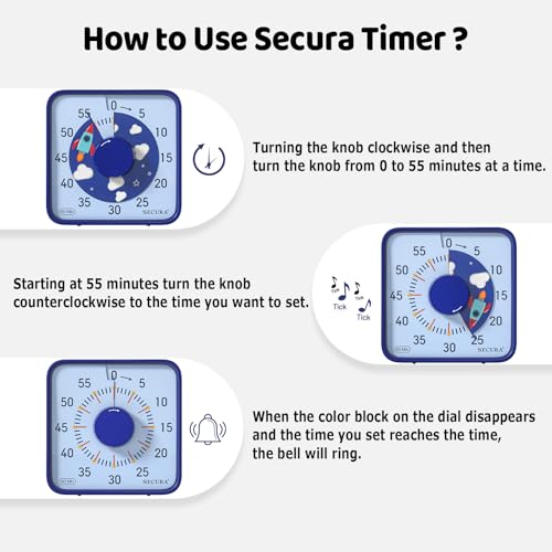 Secura 7.5-Inch Rocket Pattern Visual Timer for Kids, 60-Minute Countdown Timer for Classroom or Kitchen, Durable Mechanical Timer Clock with Magnetic Backing (Blue) - color: Dark Blue