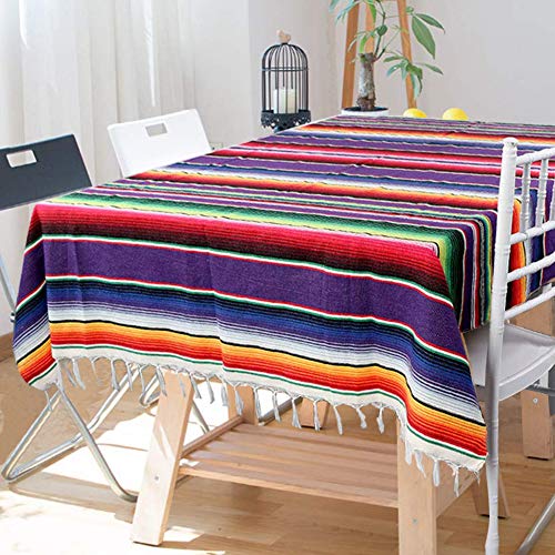 Fowecelt Mexican Serape Blanket Tablecloth 59 x 84 Inch for Mexican Party Wedding Decorations Outdoor Picnics Dining Table, Large Square Fringe Cotton Handwoven Table Cloth - color: Purple, size: 84" x 59" (Square)