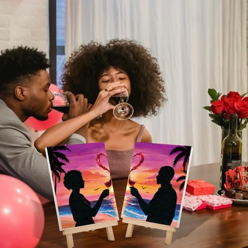 VOCHIC Sip and Paint Kit for Adults Couples Pre Drawn Canvas Painting Kit | Art Party Set for Adults Date Night Sunset Beach 2 Pack (8 x 10 Inches, Wine Glass Couple) - size: 8x10, style: Wine Glass Couple