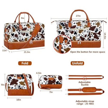 ITIEZY Weekender Bag for Women 21.5" Travel Duffel Large Carry On Bag 3PCS | Nylon Duffel Bag with Waterproof Shoe Compartment, Crossbody Bag and Toiletry Bag, Travel Weekend Hospital Overnight Gym Bag - color: 5-Brown Cow