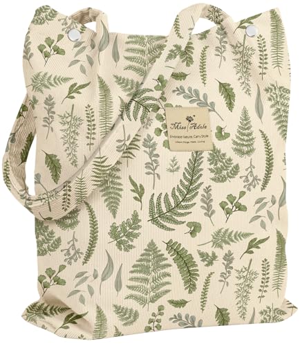 Miss Adola Corduroy Tote Bag for Women with Aesthetic Design | Magnetic Buckle & Pocket, Reusable, Soft, Roomy, Long Shoulder Handles, Double-sided Print, Casual Daily Work, Grocery Bags - color: Leaf Collection