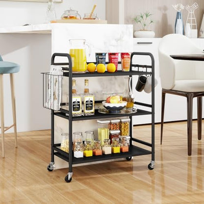 HDANI 3 Tier Metal Rolling Utility Cart,High Capacity Multi Purpose Heavy Duty Cart for Office,Kitchen,Living Room,Bedroom,Black - color: Black, size: Large Solid with Basket
