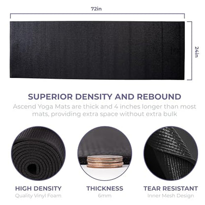 Ascend 6mm Thick Yoga Mat, 72x24in - color: Black - Solid