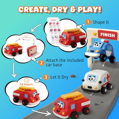 Air Dry Clay Kit for Kids - 3 Boxes Pull Back Car Making | Modeling Clay with Sculpting Tools, Base, Backing Board, Tutorial, Ultra Light & Soft, Creative DIY Arts and Crafts Toys - color: City Rescue Team