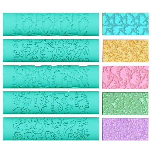 ACRNIGHEET 5 Pcs Polymer Clay Texture Roller, Dinosaur Themed Embossing Rollers Pottery Stamp, Like Texture Sheets Work with Polymer Clay Cutters, Clays Jewelry Making Kit with Storage Box - color: Dinosaur