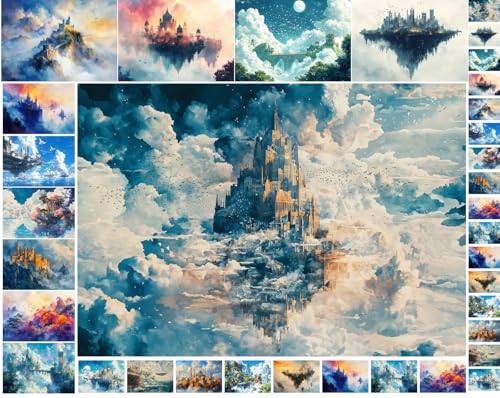 Decoupage Paper Pack (35 Sheets 6"x8") Floating Castles Dreamscape ~ Fantasy Paintings of Majestic Castles in Clouds, Floating Islands, and Surreal Sky Kingdoms in Luminous Fantasy environments - color: Nine