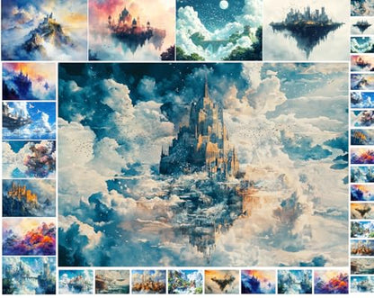 Decoupage Paper Pack (35 Sheets 6"x8") Floating Castles Dreamscape ~ Fantasy Paintings of Majestic Castles in Clouds, Floating Islands, and Surreal Sky Kingdoms in Luminous Fantasy environments - color: Nine