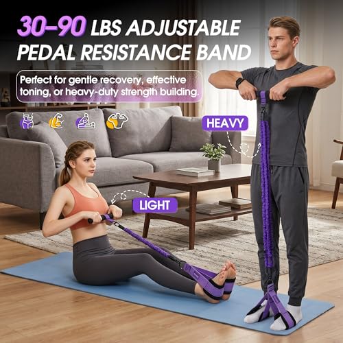 Upgraded Pedal Resistance Band with Handle, 3-Tube Adjustable for Workout - color: Purple