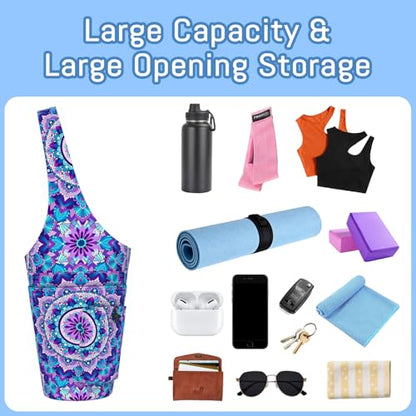 Mandala Yoga Mat Bag with Large Waterproof Zipper Pocket and Drawstring Pocket Long Tote Yoga Mat Carrier Holder Bags Fit Most Size Mats - color: Purple