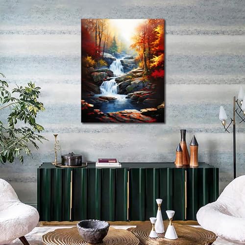 TUMOVO Adult Paint by Number Kits on Canvas Autumn Landscape Craft Kits | Forest Waterfall Color by Numbers for Adults Beginner, Acrylic Paints Included, 16x20 Inch
