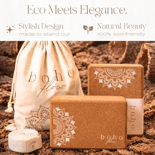 Cork Yoga Block Set – 2 Pack with Strap & Canvas Bag | Luxury Portuguese Yoga Blocks 9”x6”x3” | Heavy-Duty, Non-Slip Support | Eco-Friendly, Plastic-Free Materials