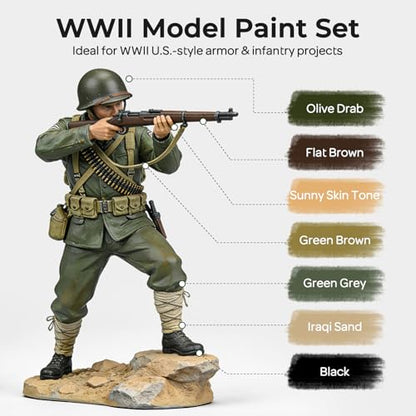 Nicpro 10 Colors WWII U.S. Model Paint Set, 20ml Ready to Use | Modeling Acrylic Paints, Brush & Airbrush, Miniature Paint for American Armour, Tank, Vehicles & Infantry Figure with Thinner - style: WWII U.S.