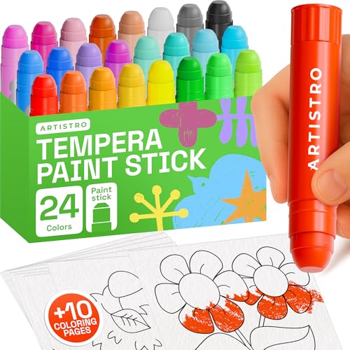 ARTISTRO 100% Washable Tempera Paint Sticks for Kids - 24 Non-toxic Paint Markers for Kids - Color Sticks with Twist Design, Coloring Pages Included - color: 24 Colors