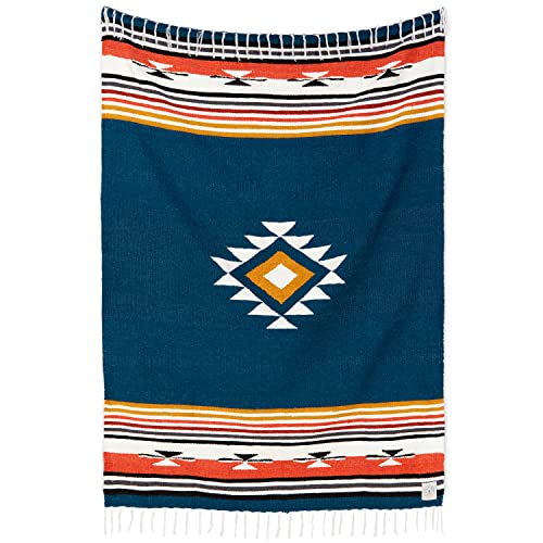 Blue and Tan Mexican Blanket by Laguna Beach Textile Co - Beach, Yoga, Camping, or Decorative Throw Blanket - Traditional Handmade Serape - Navy Baja - color: Navy