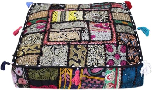 Mam Treasures Indian Bohemian Decorative Pillow Vintage Cushion Cover Patchwork Square Floor Pillow Cover Meditation Cushion Large Floor Pillow Indian Cushion (Black, 16 X 16 X 5 Inch) - color: Black, size: 16" x 16" (Pack of 1)
