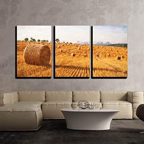 wall26 - 3 Piece Canvas Wall Art - Oil Painting Summer Landscape - Hay Bales on The Field After Harvest - Modern Home Art Stretched and Framed Ready to Hang - 16"x24"x3 Panels - color: Artwork - 13, size: 24" x 16" x 3 Panels