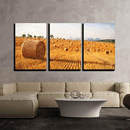 wall26 - 3 Piece Canvas Wall Art - Oil Painting Summer Landscape - Hay Bales on The Field After Harvest - Modern Home Art Stretched and Framed Ready to Hang - 16"x24"x3 Panels - color: Artwork - 13, size: 24" x 16" x 3 Panels