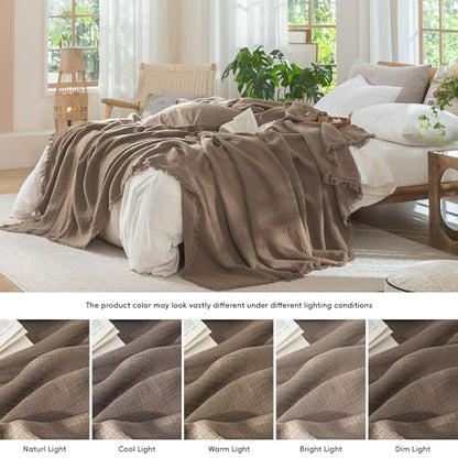 MooMee 100% Cotton Muslin Blanket Fringed 4-Layer Gauze Bed Throw, Queen - color: Brown, size: Queen