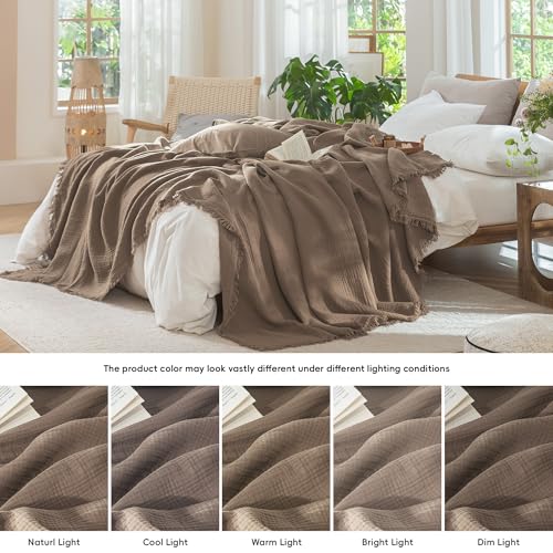 MooMee 100% Cotton Muslin Blanket, Fringed 4-Layer Gauze Bed Throw Blankets - color: Brown, size: Oversize Queen