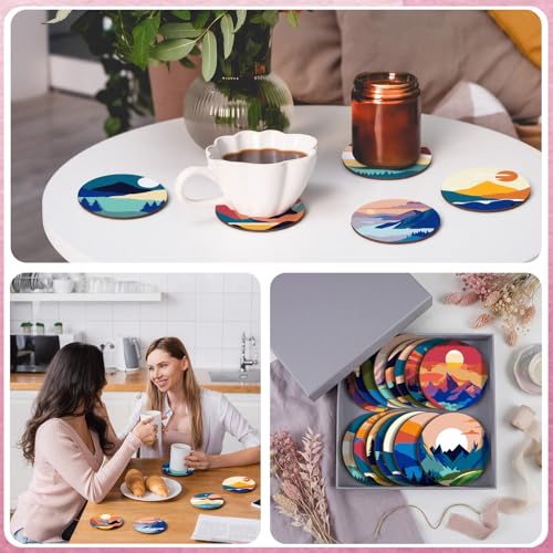 Reallnaive 8 Pcs Mountain Paint by Numbers Kit for Adults Wooden Coasters | Mini Paint by Numbers, Tiny Landscape Round Oil Painting Drink Coaster with Holder, for Small DIY Craft Birthday Gift - style: Mountain