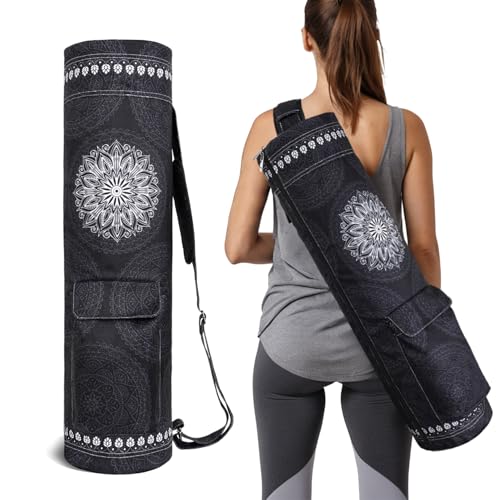 Yoga Mat Bag Full-Zipper Yoga Mat Carrier with Extra Wide Adjustable Strap 2 Multi-Functional Storage Cargo Pocket Stylish & Functional Yoga Bag Pilates Bag for Women & Men - color: Mandala Black