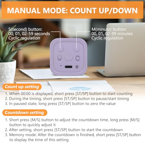 GuDoQi Multi-Function Cube Timer, 5/10/30/60 Min & Custom Count Down, Included Pause & Resume Feature, Silent, Vibrate & Adjustable Sound Alarm for Productivity in Tasks, Study & Kitchen, Purple - color: Purple