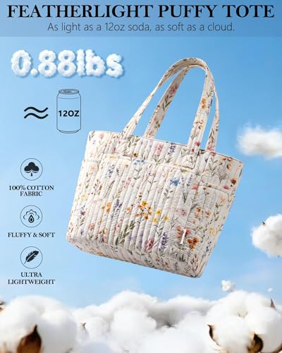 Bagstellar Quilted Tote Bag for Women Teacher Nurse Cotton Laptop Work Tote | Top Zip Closure Puffer Nursing School Travel Tote Bags with 40oz Cup Holder, Lightweight 14” Computer Shoulder Handbag Purses - color: Wild Flower