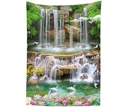 BELECO 6x9ft Fabric Forest Park Waterfall Backdrop Picturesque Swan Lake Lotus Pond Green Trees Scenery Photography Background Wallpaper Spring Summer Holiday Travel Portrait Photoshoot Props - size: 6x9FT